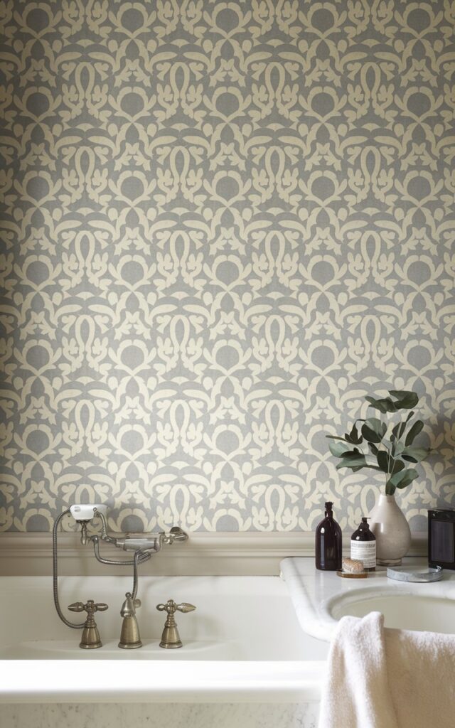 A photo of a fully furnished and well-decorated Gustavian style bathroom with a soft, neutral pattern stencil on the wall. The wall has a mild, soft natural light.