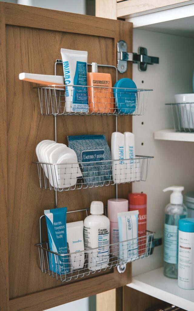 A photo of a cabinet door with stick adhesive organizers (baskets) inside. There are various items stored inside the baskets, including toothpaste, cotton pads, floss, and skincare items. The cabinet door has a wooden finish.