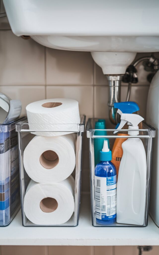 A photo of a bathroom under the sink. There are clear bins containing various items, including extra toilet paper rolls. The bin on the left contains toilet paper rolls, while the bin on the right contains cleaning supplies. The background is a tiled wall.