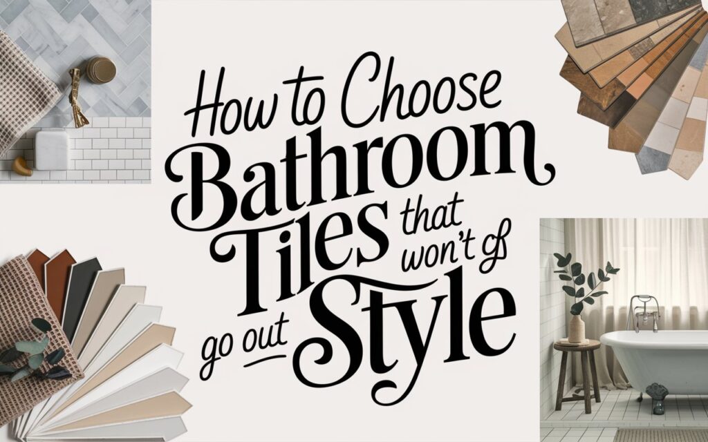 A whimsical, handwritten title with the text "How to Choose Bathroom Tiles That Won't Go Out of Style". The text is arranged in a dynamic layout with varying sizes and smooth curves. The title is surrounded by soft, photo-realistic vignettes of neutral-toned tile samples, such as herringbone marble, matte white subway, and warm beige stone. These tile samples are fanned out like paint chips. There are subtle styling touches, such as a folded waffle-textured towel, a minimalist soap dispenser, and a sprig of eucalyptus. In the background, a blurred-out bathroom corner scene with a clawfoot tub, a plant on a stool, and natural sunlight pouring through sheer curtains.