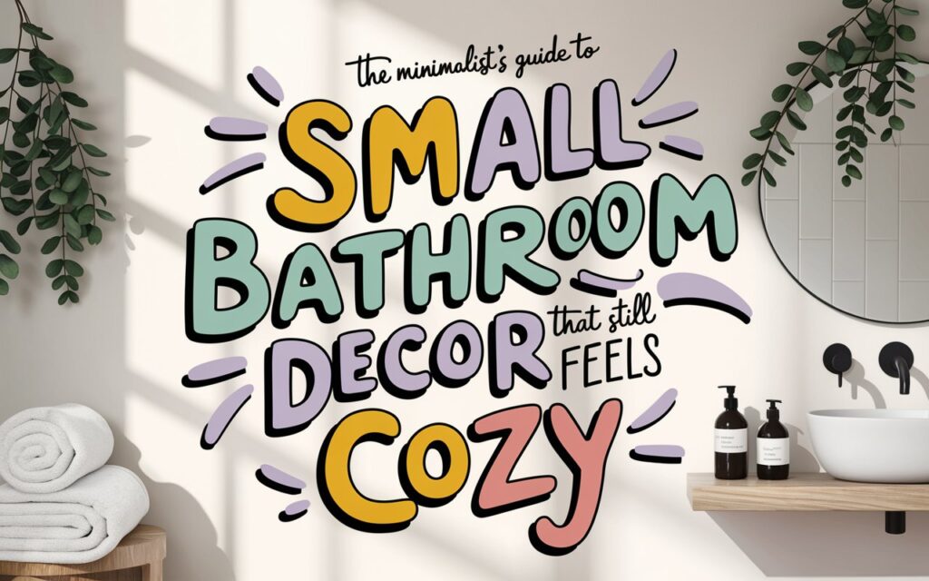 The text "The Minimalist’s Guide to Small Bathroom Decor That Still Feels Cozy" is styled in thick, handwritten typography with vivid colored outlines—such as mustard yellow, dusty lavender, and seafoam green—that contrast sharply against a neutral-toned background to enhance visibility and impact. The lettering incorporates playful flourishes and swooping curves, arranged in a dynamic composition with varying word sizes and smooth, organic spacing that guides the viewer's attention. Around the edges, include soft photo-realistic elements like rolled white towels, hanging eucalyptus sprigs, and sleek soap dispensers to evoke a serene, spa-like vibe. The background features a sunlit, minimal bathroom with a round mirror, a floating wooden shelf, and a light neutral color palette for warmth and coziness. Scatter realistic objects like a bamboo bath mat, a lit candle, and minimalist storage baskets near the corners of the text to enhance the aesthetic without overwhelming it.