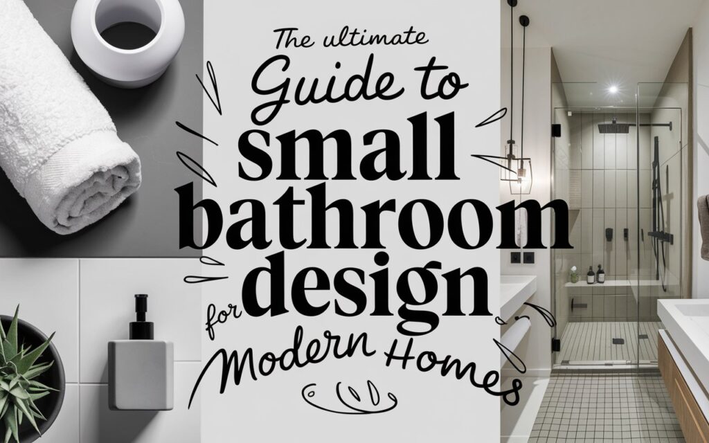 A whimsical, handwritten typography design with the text "The Ultimate Guide to Small Bathroom Design for Modern Homes". The text is arranged in a dynamic layout with varying sizes and smooth curves. The design and typography pop and are eye-catchy. In the background, there is a photo-realistic overhead scene of a modern, compact bathroom with floating vanities, a glass walk-in shower, and neutral-toned tiles. Surrounding the blog title, there are high-resolution objects like a rolled white towel, a minimalist soap dispenser, a hanging pendant light, and a small indoor plant in a ceramic pot, all styled to reflect a clean, modern aesthetic. The title is set against a semi-transparent overlay centered on the image, with clean sans-serif typography, allowing the sleek bathroom design and curated objects to subtly frame and highlight the text.
