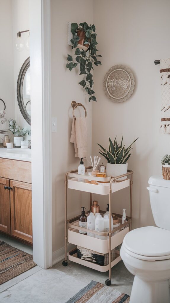 A photo of a Boho style bathroom with a slim, 3-tiered cart tucked in a corner beside the sink. The cart contains lotions, cleaning supplies, and a plant. The bathroom has a vanity and a toilet. The walls are adorned with decorative items and greenery. The floor is covered with a rug. The lighting is soft and natural.