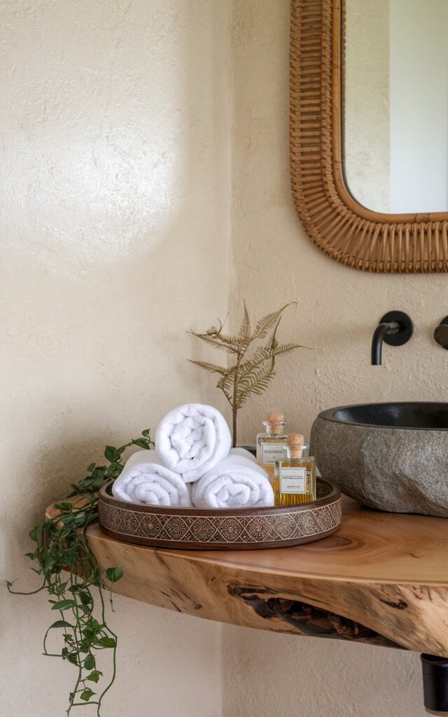 A photo of a Boho minimalistic bathroom vanity with a single handpainted or intricately carved wooden tray holding neatly rolled white towels, a few glass scent bottles with brass or cork stoppers, and a small trailing plant like a pothos or fern. The vanity is a natural wood slab with a stone vessel sink, set against a backdrop of textured cream walls. A rattan-framed mirror hangs above, with minimal accessories elsewhere to maintain the clean, airy feel. The tray becomes the focal point—combining organic textures, earthy tones, and artisan detail in true Boho minimalistic fashion.