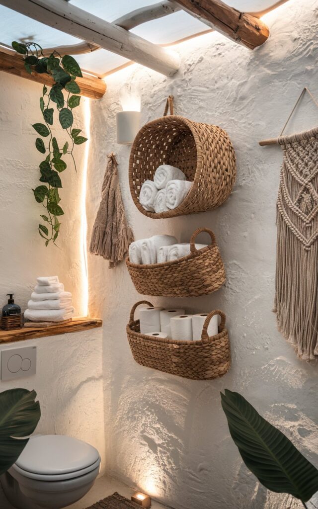 A photo of a boho-style bathroom with a textured whitewashed wall. There are 2-3 woven wicker baskets hanging on the wall. The baskets are filled with neatly rolled towels and extra toilet paper rolls. The bathroom has natural wood accents and leafy green plants. There is a macramé wall hanging and soft ambient lighting. The space is cozy and relaxed.