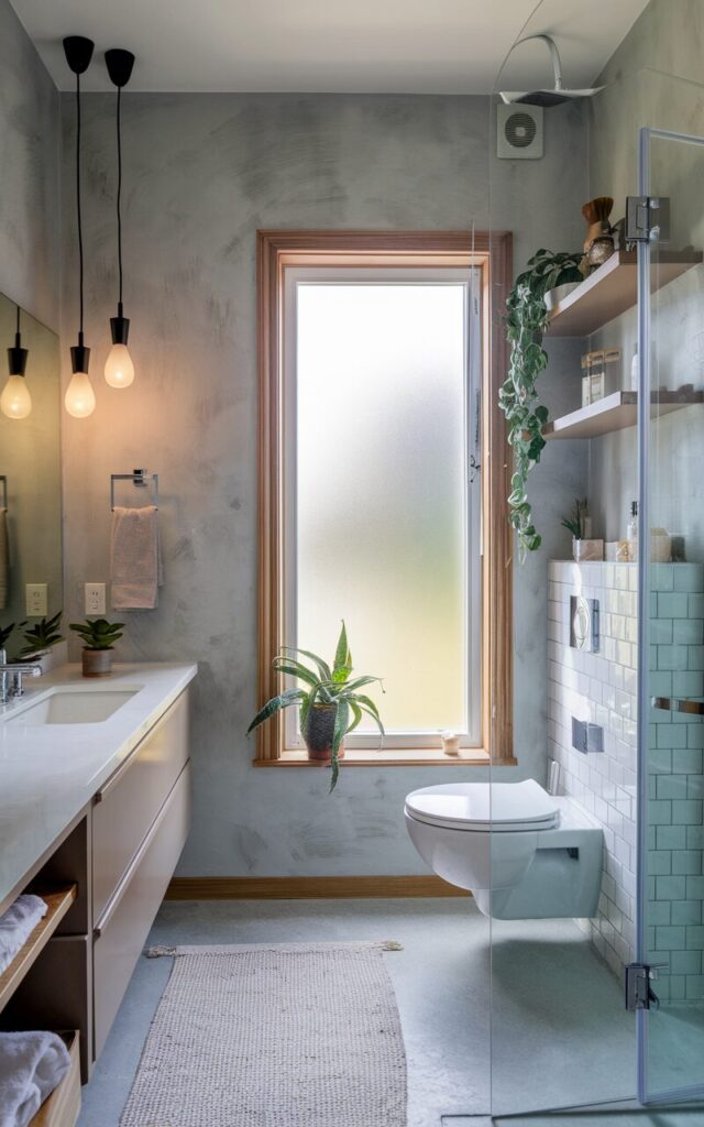 A photo of a European chic minimalistic bathroom with a frosted window glass that provides privacy and allows soft natural light to diffuse gently into the space. The window has wood trim. The walls are painted in cool neutrals—soft greys with textured finishes. Clean-lined fixtures in polished chrome add a modern touch. Minimal decorative elements keep the focus on the airy, light-filled atmosphere. The space has a vanity, a toilet, a shower area, wood accents, a floor rug, pendant lights (Warm light on), a few plants, and open shelves with essentials.