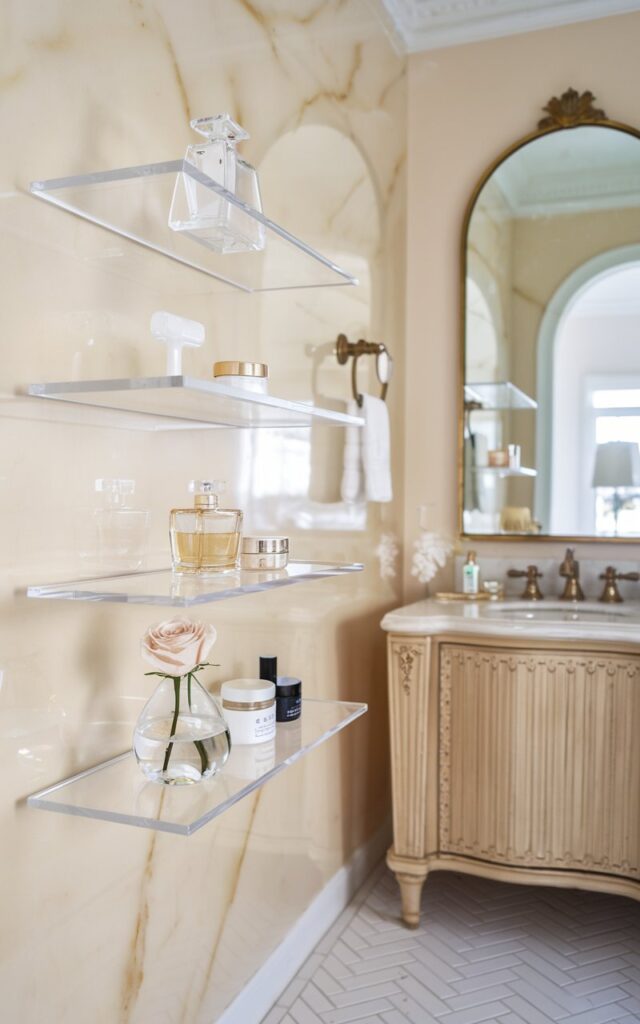 A photo of a European glam bathroom with crystal-clear Lucite shelves floating elegantly on a soft marble wall in pale champagne. The shelves hold delicate glass perfume bottles, gold-trimmed skincare jars, and a single rose in a slim crystal vase, creating a curated, airy display that feels both luxurious and minimal. Below, a vintage-inspired vanity with fluted details and brushed brass hardware adds opulence, while herringbone tile flooring and a large arched mirror complete the refined look. The Lucite shelves blend into the background, letting the styling and soft-glow lighting speak volumes in understated sophistication.