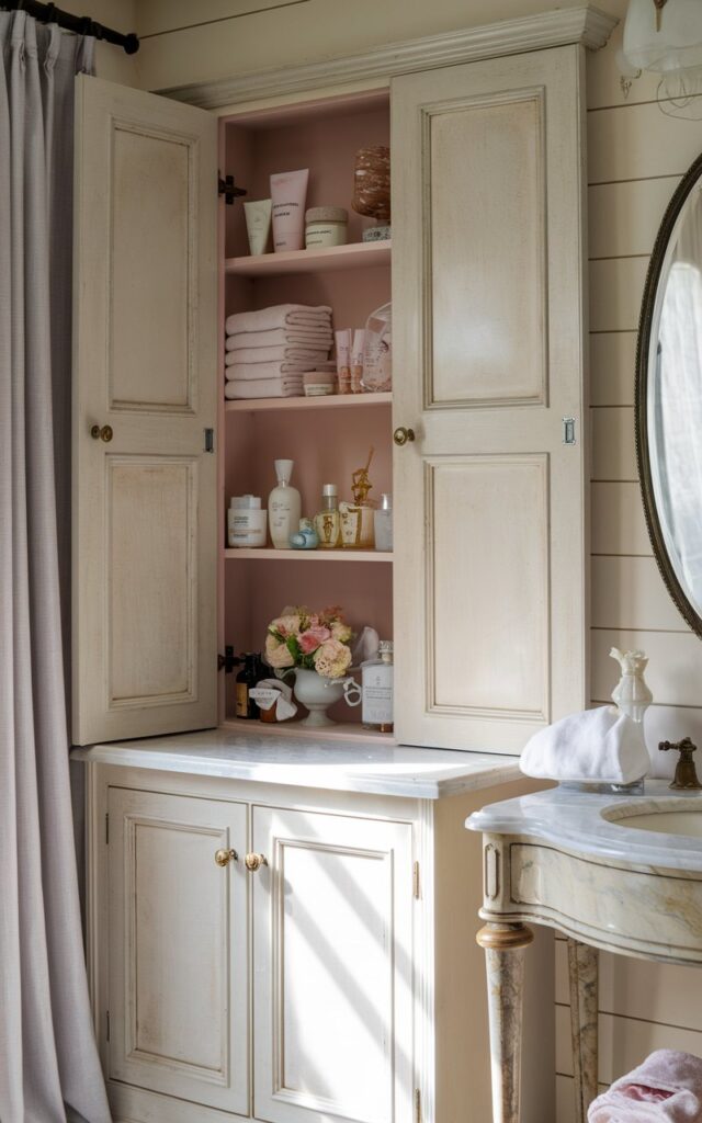 A photo of a romantic French country-inspired bathroom with a soft, refined chic aesthetic. The bathroom has a creamy beige shiplap wall and a recessed cabinet with antique-style panel doors. The cabinet doors feature delicate brass knobs and subtle molding. Inside the cabinet, there are neatly arranged linens, pastel-colored bath products, and vintage perfume bottles. Below the cabinet, there is a marble-topped vanity with curved legs and an ornate mirror. Soft natural light filters in through a linen curtain, casting a gentle glow across the muted color palette. The hidden cabinets keep the space clutter-free while preserving its graceful, old-world appeal.