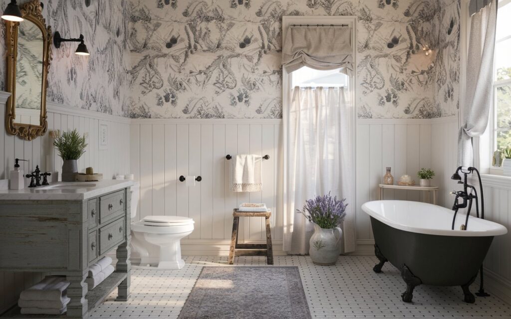 A photo of a romantic French country-style bathroom bathed in soft natural light. The space features classic white paneled walls with vintage black wrought iron fixtures (warm light on), a freestanding clawfoot tub in matte black, and delicate toile or floral-patterned wallpaper above white wainscoting. The floor is dressed in subtle black-and-white checkerboard tiles, while antique gold-framed mirror, linen curtain, and fresh lavender in a ceramic jug add warmth and charm. Rustic wooden elements, such as a weathered vanity or stool, complete the look with an elegant, timeworn feel that’s both refined and cozy. The bathroom has a vanity, a toilet, curtained window, floor rug, etc.