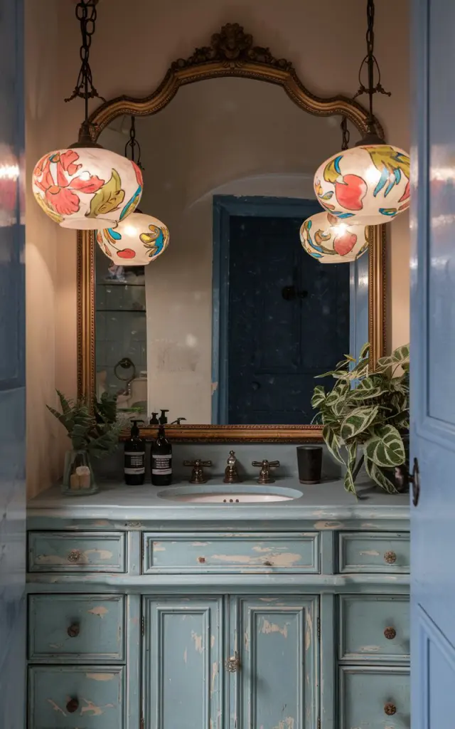 A photo of a Gustavian style bathroom with a distressed pale blue vanity. The vanity has a gold framed mirror above it and is placed against a wall. On either side of the mirror, there are hand-painted colorful frosted glass pendant lights. The vanity is fully furnished with essentials, including a plant. The room has no natural light. The photo focuses on the pendant lights.
