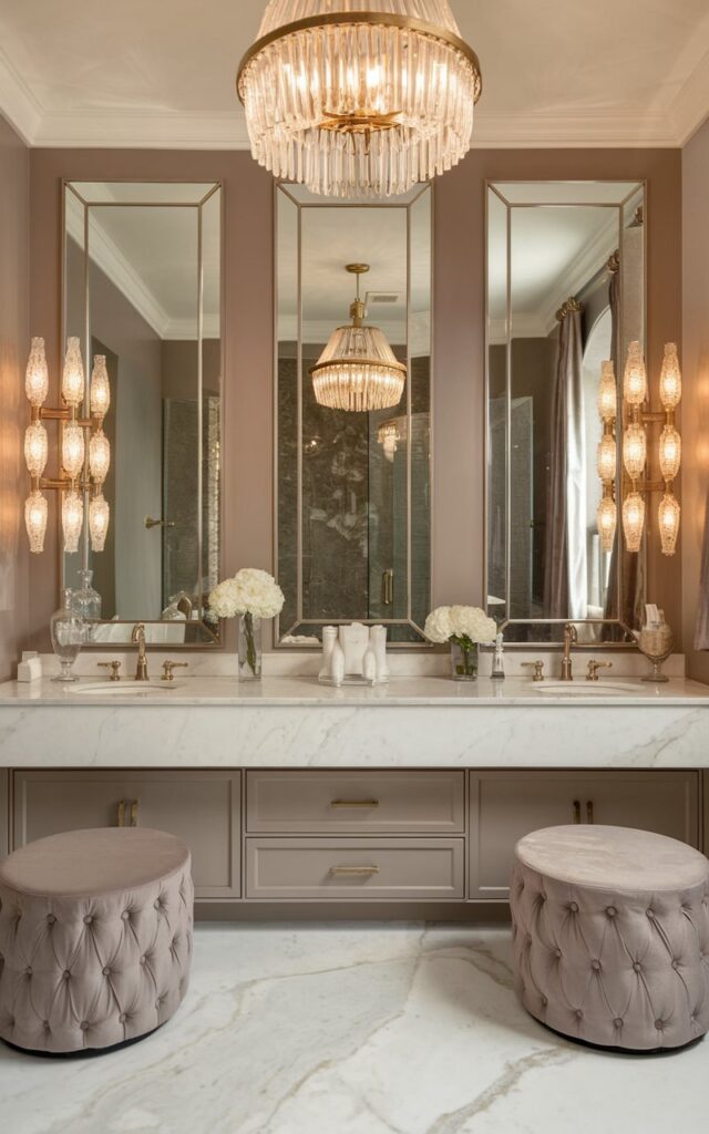 A photo of a Hollywood glam bathroom painted in elegant soft taupe, creating a warm and sophisticated backdrop. The bathroom features a glossy marble countertop and gold-accented fixtures, adding opulence. A crystal chandelier with warm light is hung above a freestanding clawfoot tub. Plush velvet seating and mirrored surfaces reflect the ambient lighting, enhancing the luxurious yet understated vibe. The soft taupe walls balance the glam elements perfectly, making the space feel both inviting and effortlessly chic.