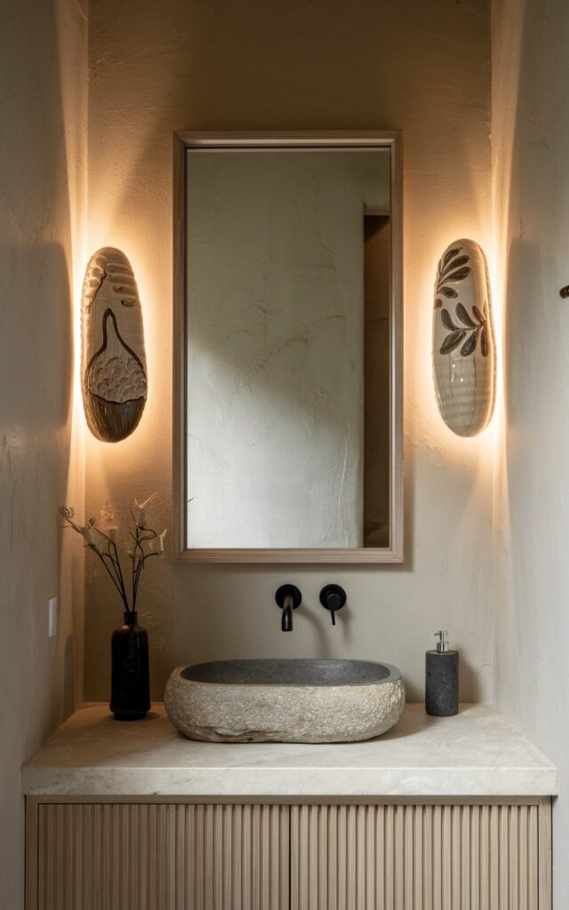 A photo of a Japandi + Balinese style bathroom with ceramic hand painted wall scones (Warm light on) on either sides of a marble vanity with a natural stone sink. The scones have a soft neutral tone—beige, off-white, or charcoal. They cast a warm, ambient glow across the textured walls with a framed mirror. The space is calm, with clean lines, a subtle woodgrain finish, and a soothing, spa-like atmosphere. Natural light is not present. The bathroom is fully furnished.