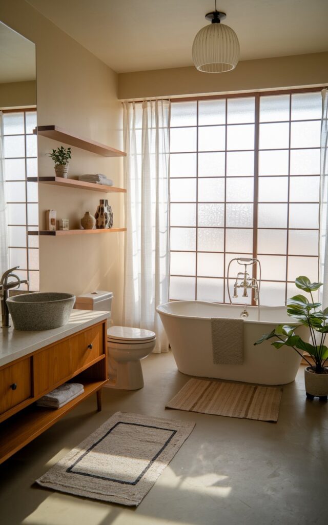 A Japandi-style bathroom with a freestanding bathtub, a white vanity with a ceramic sink, a toilet, open shelves, and a plant. The room has warm wood finishes, including the vanity, shelves, and floor. There is a floor rug and a ceiling pendant light. The room is bathed in soft, natural light that streams through large windows covered with sheer white curtains. The windows are frosted glass panels that provide privacy while flooding the space with soft, even light.