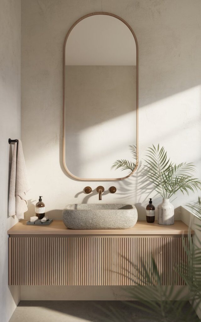 A photo of a Japandi-style bathroom with a large, statement arched mirror with a slim natural wood frame hanging above a floating wood vanity. The mirror's gentle curve softens the clean lines of the space, reflecting soft natural light and amplifying the room's airy feel. Surrounding the mirror are subtle neutral tones, a textured stone sink, minimal decor, and a plant. The natural light is soft, ambient.