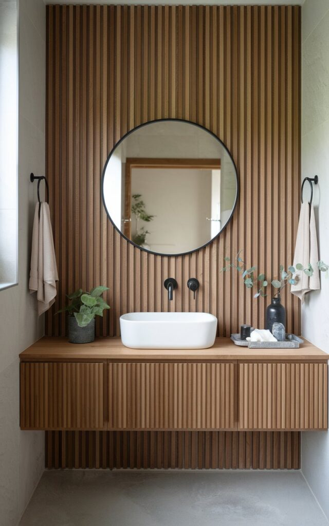 A photo of a Japandi-style bathroom with a vertical wood slat feature wall behind a floating vanity. The slats are natural oak or walnut, adding warmth and texture to the minimalist space. A simple vessel sink, matte black fixtures, and a round mirror are placed on the vanity. A few plants and accessories on a tray are placed on the vanity. The bathroom has soft neutral tones and is illuminated by natural light, enhancing the serene, modern look.