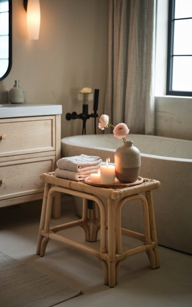 A photo of a Japandi-inspired bathroom with a low, natural wood stool in a woven rattan style placed beside a soaking tub. The stool has folded towels, candles, and a ceramic flower vase. The space is grounded in soft neutral tones, matte finishes, and warm lighting, giving it a calm, curated, spa-like atmosphere with a subtle nod to craftsmanship and nature. The bathroom also has a vanity, curtained window, and a floor rug.
