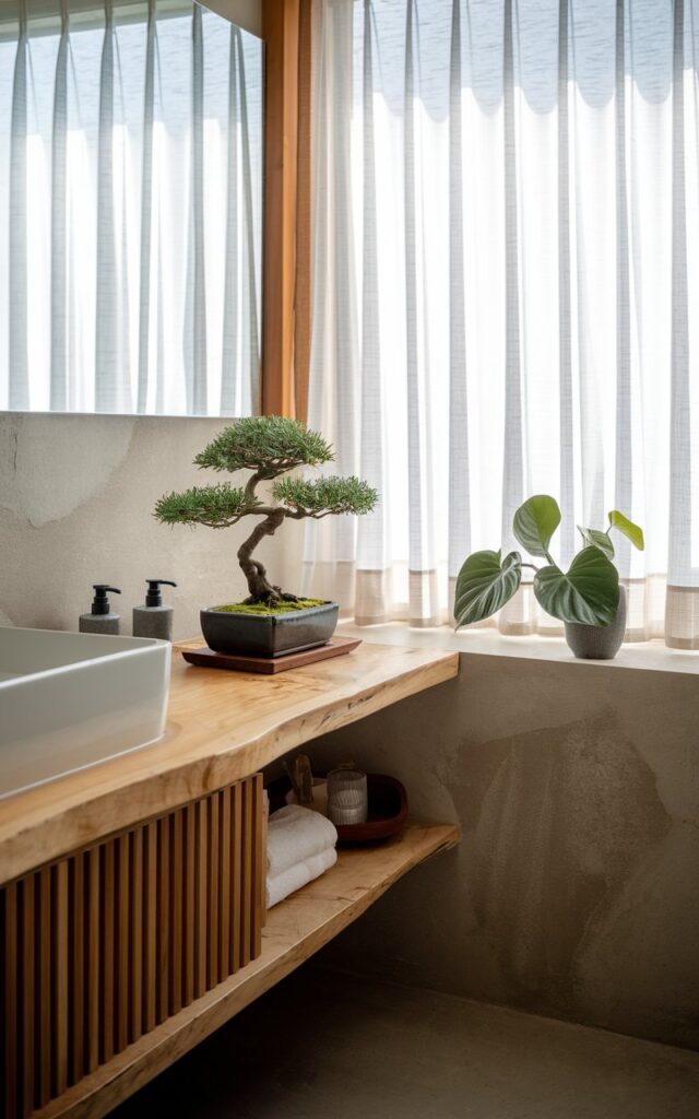 A photo of a Japandi-inspired bathroom with a serene setup. There is a small bonsai tree placed on a floating wood vanity and a second leafy indoor plant on the nearby windowsill. The window is dressed with sheer white curtains that gently filter in natural light, casting a soft glow over the greenery. The overall palette features warm woods, neutral stone textures, and minimalist decor, creating a calm, living space that feels fresh, balanced, and inviting.