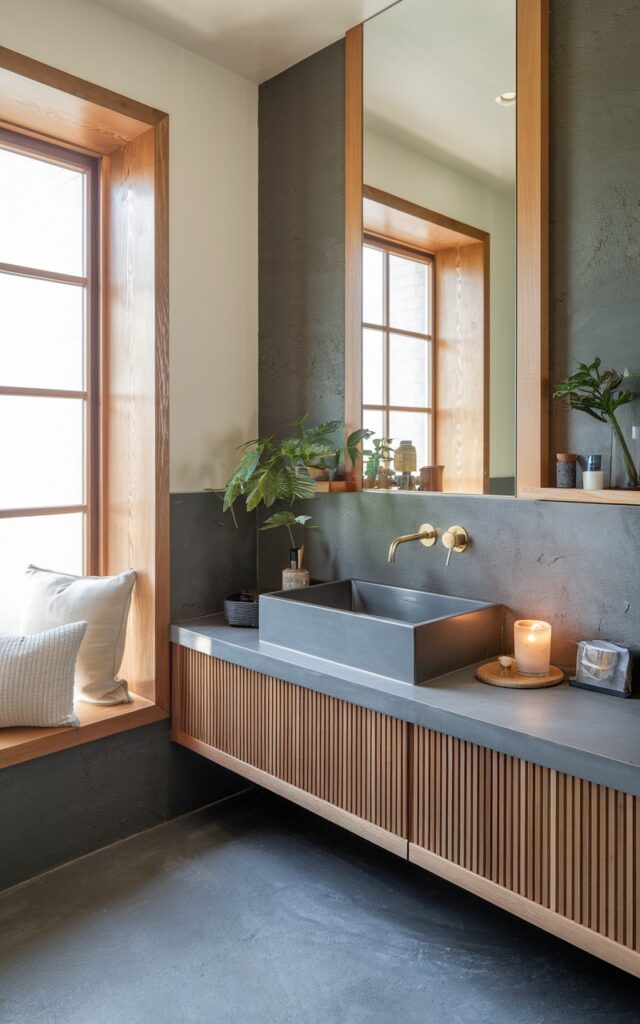 A photo of a Japandi-inspired bathroom with warm wood tones and cool gray stone elements. The space features a natural wood window trim, a floating wood vanity with a sleek matte gray stone countertop, and accent walls. The contrast is subtle yet striking, bringing warmth and texture from the wood while keeping the overall palette grounded and tranquil with the stone. Soft, natural light pours through the window. The vanity has accessories, a plant, and a candle. The bathroom is lively and inviting.