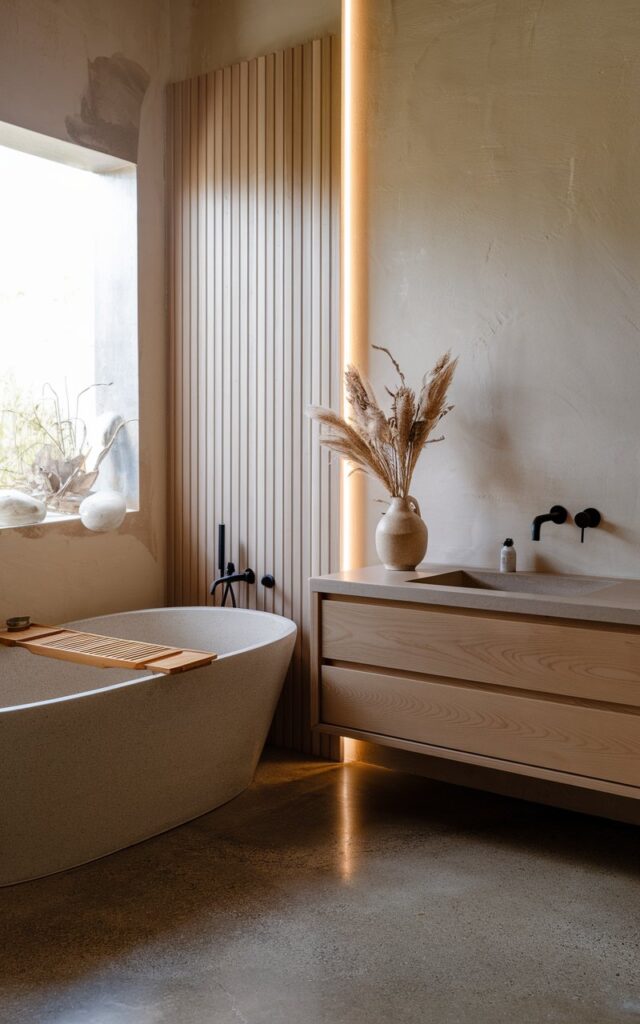 A photo of a Japandi minimalistic bathroom with a polished concrete floor. There's a freestanding soaking tub with a wood or bamboo bath tray, a floating ash wood vanity, and a matte black wall-mounted faucet. The walls have a blend of light-toned wood slats and smooth plaster. There's a ceramic vase with dried pampas or a sprig of greenery on the vanity. The overall design is serene and warm, with a neutral palette and soft natural light.