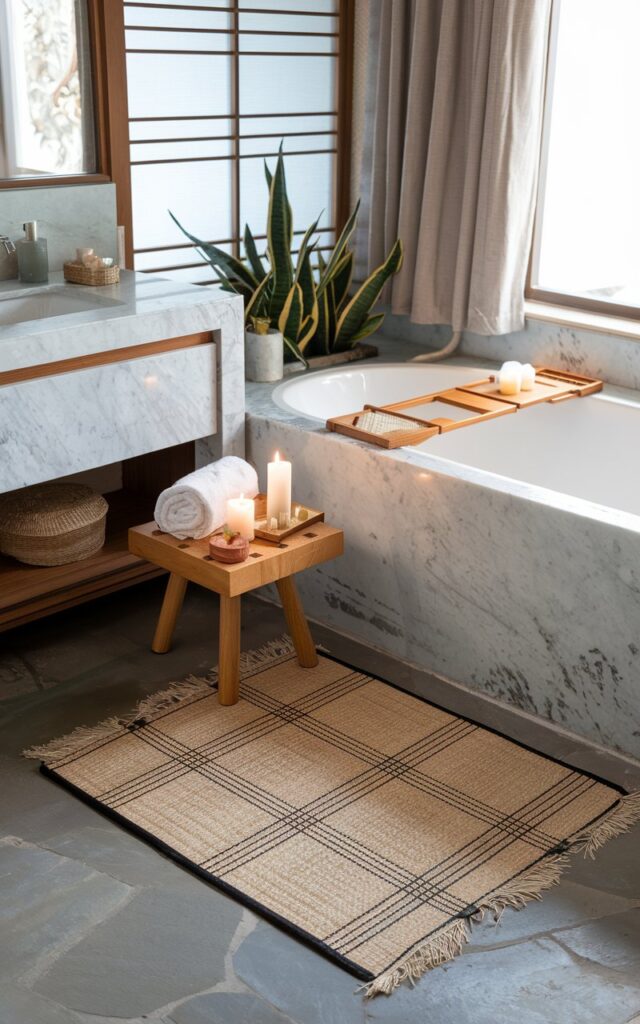 A photo of a Japandi-style bathroom with a soaking tub. Beside the tub, there's a tatami-inspired floor mat made of woven natural fibers with a subtle grid pattern and neutral tones. On the smooth stone floor, the mat adds warmth, texture, and cultural detail. A low stool with rolled towels, a candle, a plant, and a book are placed beside the tub. The bathroom has a marble vanity, a curtained window, and other elements. The space looks lively and inviting.
