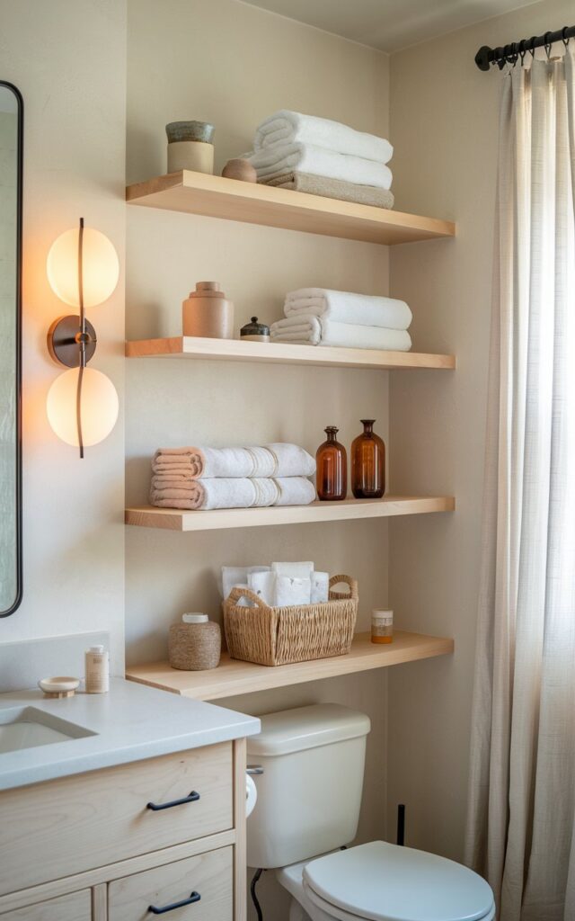 A photo of a Japandi-style bathroom with light wood open shelves in place of traditional cabinets. The shelves are styled with neatly folded white and beige towels, small ceramic jars, amber glass bottles, and a woven basket for essentials. The backdrop is a soft neutral wall with minimal texture. The bathroom also has a vanity, a toilet, a curtained window, and wall sconces with warm light.