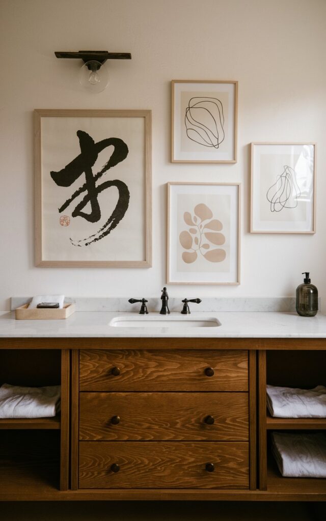 A photo of a Japandi-style bathroom with a wooden vanity and a serene wall display of minimalist art prints. The vanity has a white marble countertop and is placed against a wall with a few shelves. On the wall above the vanity, there are 2-3 art prints. One print features Japanese calligraphy in bold black ink, and the others have abstract line art or organic shapes in soft neutral tones. The art prints are framed in slim wood frames and are evenly spaced or arranged with quiet asymmetry. The room has soft natural or washi-style lighting, which adds warmth. The art prints lend cultural richness and visual calm, creating a space that feels both personal and profoundly peaceful.