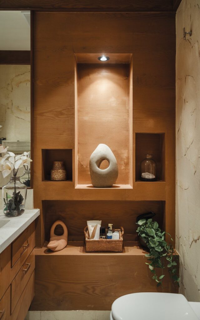 A photo of a Japandi-style bathroom with a built-in wall niche softly lit from above. The niche is surrounded by warm wood and contains a single smooth stone sculpture. The sculpture is organic in shape and sits centered in the recessed space. The niche also holds a glass jar, a plant, a decor, and a basket with essentials. The bathroom also has a vanity, a toilet, and other Japandi-style elements.
