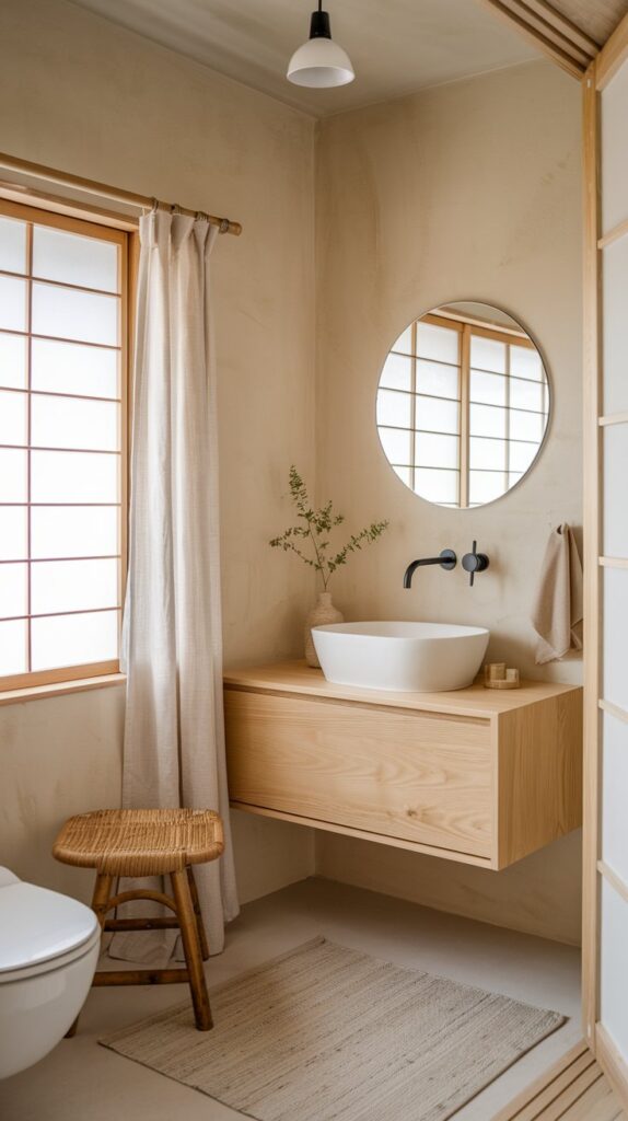A photo of a Japandi-style bathroom with a soft, neutral palette of warm beige and light wood tones. In the corner, a sleek, white ceramic sink is mounted on a light oak floating vanity with clean lines and no visible hardware. The sink features a matte black wall-mounted faucet above it. The space around the sink is open and uncluttered, with a small round mirror above the basin. Natural textures like a bamboo stool and linen hand towel add warmth, while a single sprig of greenery in a ceramic bud vase brings a calming organic touch. The walls are finished in smooth plaster, and light filters softly through shoji-style window panels. The bathroom also has a toilet, curtained window, floor rug, and ceiling pendant light.