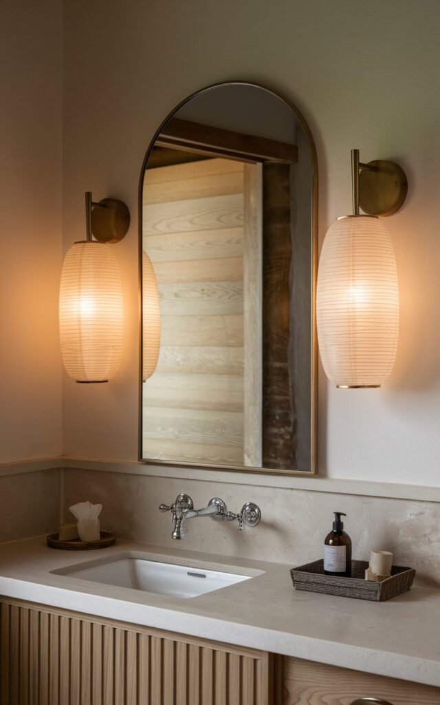 A photo of a Japandi-style powder room with a vanity framed by two elegant washi paper-inspired wall sconces. The sconces are mounted symmetrically on either side of a minimalist arched mirror. The sconces emit a soft, diffused glow through rice paper-like shades, casting warm ambient light across the vanity area. The room has natural wood, soft stone, and neutral tones, creating a serene and harmonious backdrop.