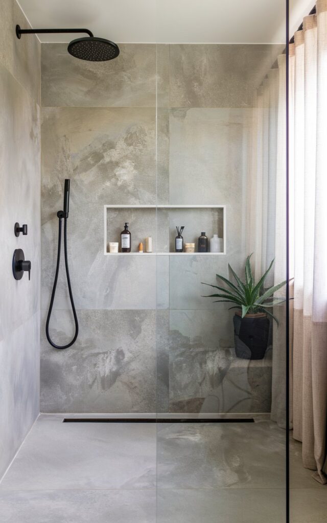 A photo of a Japandi-style walk-in shower with large-format tiles in a concrete-look porcelain with a subtle pattern. The oversized tiles create smooth, uninterrupted surfaces with minimal grout lines, enhancing the clean, calming aesthetic. The shower area has a frameless glass partition, a spa-like vibe, essential items and accessories, and a potted plant. Natural light is filtered through a curtained window.