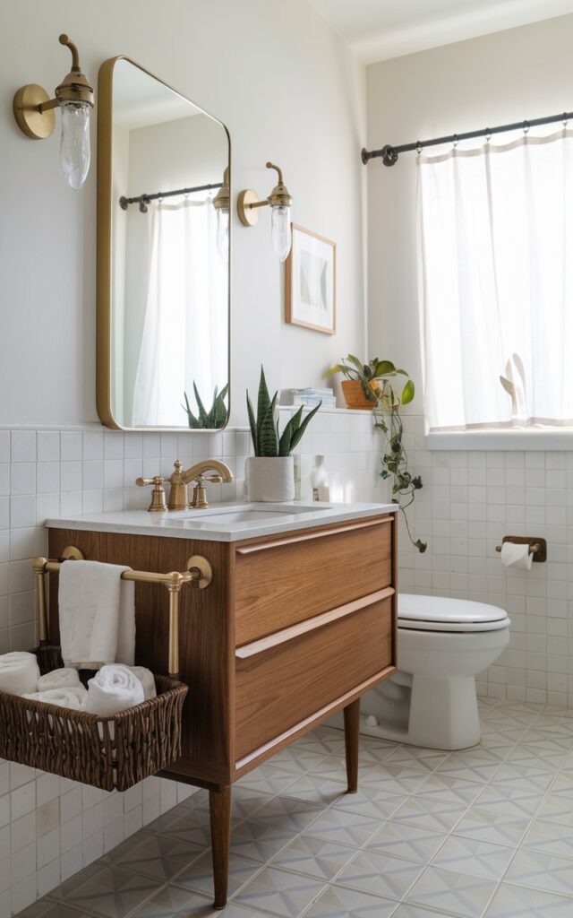 A photo of a mid-century modern powder room with a sleek wooden vanity and a mirror. The vanity has clean lines and tapered legs. A minimalist metal towel bar is attached to the side, holding a woven basket filled with rolled towels and toiletries. The space is bright and airy. The room has geometric patterned tiles and vintage-inspired brass fixtures. There is a toilet, a curtained window, and a few plants in the room.