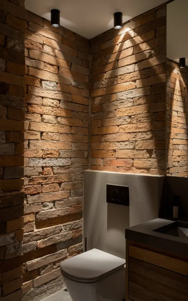 A photo of a modern rustic bathroom with clean lines and rugged textures. One wall has exposed reclaimed brick, adding raw, earthy character to the space. Sleek wall washers are installed above, casting soft, even light that grazes the surface, revealing every crevice and variation in the material. The warm glow enhances the stone's organic depth while keeping the overall look minimal and grounded, with a mountain lodge meets contemporary spa vibe. The lighting feels intentional, cozy, and effortlessly cool. The bathroom has a vanity and a toilet. There is no natural light; only light from wall washers.