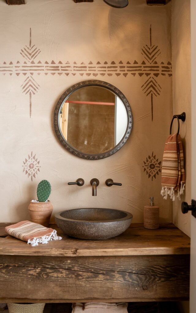 A photo of a Southwestern-inspired bathroom with a rustic wood vanity and a ceramic sink. The vanity is placed in front of a warm neutral-toned wall with a subtle hand-stenciled geometric pattern. The pattern features traditional Southwestern motifs, like diamonds, arrows, or tribal-inspired lines. The space is decorated with a vintage bronze faucet, a cactus or small succulent in a clay pot, a round mirror with a hammered metal frame, and desert-toned textiles like striped Turkish towels. The space has a modern touch too.