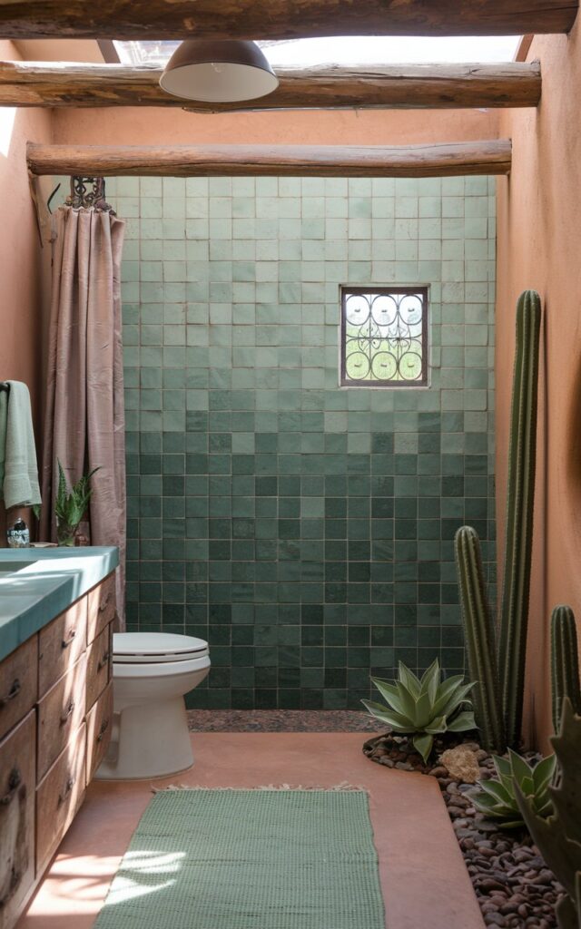 A photo of a Southwestern-inspired bathroom with a green ombré wall. The wall features handcrafted, rustic green tiles that transition from deep forest green at the bottom to soft sage and light mint greens at the top. Terracotta accents and adobe-style stucco walls surround the tiled area. Natural wooden beams frame the space, and desert plants like cacti and succulents are nearby. Sunlight filters through a small window with wrought-iron grillwork, casting gentle shadows. The bathroom has a vanity, a toilet, a curtained window, a floor rug, and a ceiling pendant light.