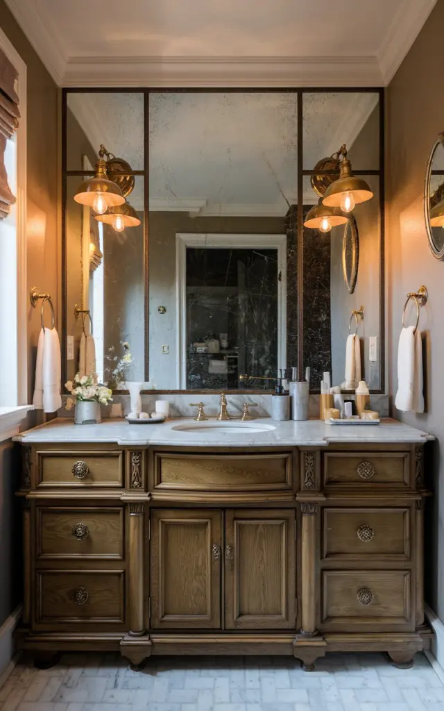 A photo of a Victorian-style bathroom with a large, fully furnished vanity. The vanity has a marble top and is made of wood. There are brass dimmable shades over the warm bulbs, casting a warm glow over the bathroom. The walls are adorned with vintage-style mirrors and decorative elements.