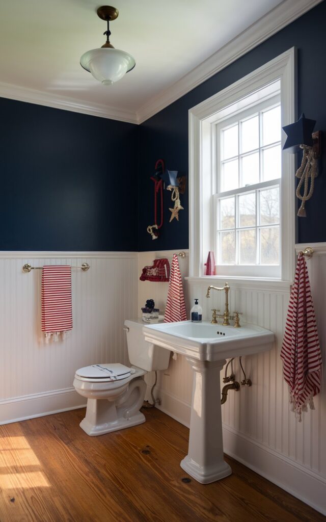 A photo of a bathroom with deep navy blue walls and crisp white beadboard wainscoting. The classic Americana charm is embodied by the vintage brass fixtures, porcelain pedestal sink, and red and white striped towels hanging beside the sink. Nautical-themed decor, such as rope accents and star motifs, subtly enhance the patriotic vibe. Warm hardwood floors and natural light streaming through a mullioned window complete this timeless, inviting space. The ceiling has a pendant light.