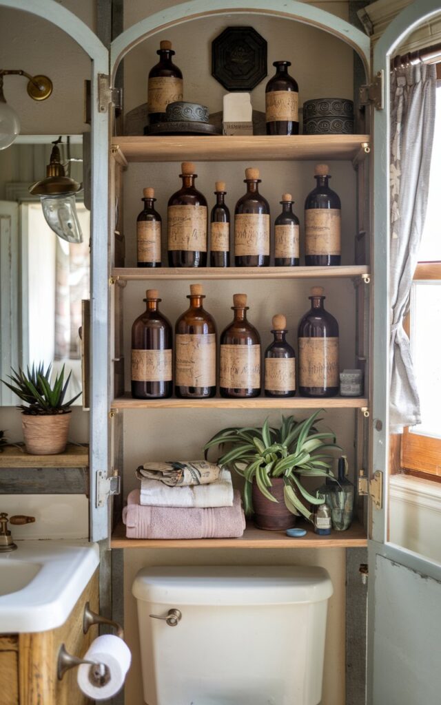 A beautifully styled open shelf in a vintage bathroom, with a few amber glass jars and bottles in varying shapes and sizes. Some bottles have aged paper labels with faded text, others are topped with rustic cork stoppers, adding an apothecary feel to the space. The shelf also has folded towels, a plant, decor, etc. The shelf is in natural wood with brass fixtures. The space also has a vanity, a toilet, a curtained window, etc.