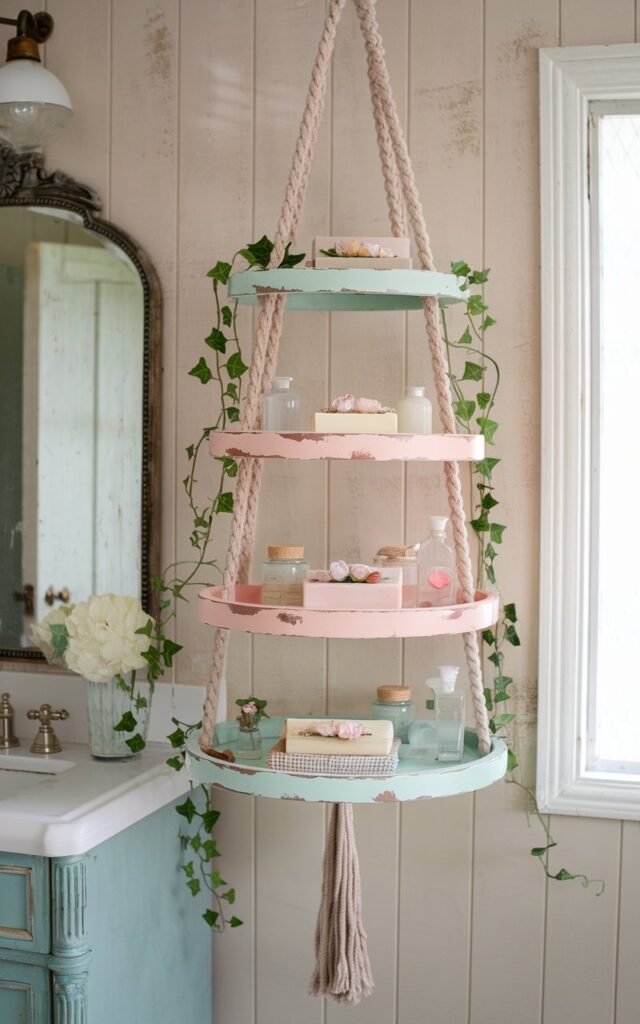 A photo of a boho meets shabby chic bathroom with a bold, tiered hanging shelf suspended from the ceiling with braided macramé or soft jute rope. The shelves are painted in distressed pastel hues—like mint, blush, or ivory—stacked with tiny vintage bottles, trailing ivy, and floral soap bars. The shelf is placed against a textured panelled wall, near a vanity with an antique mirror. The room is illuminated by natural light.