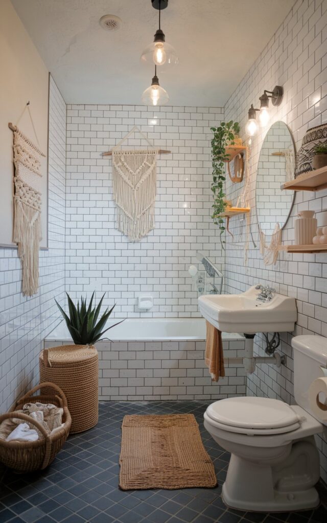 A photo of a boho-style bathroom with classic white subway tiles and bold dark slate grout. The subway tiles cover the walls and extend onto the floor. There's a bathtub, a sink with a faucet, and a toilet. The room is furnished with a few items, including a macramé wall hanging, a rattan basket, and a woven rug. The room has warm wood accents, such as a shelf and a lamp. There's a plant near the bathtub. The ceiling has pendant lights.