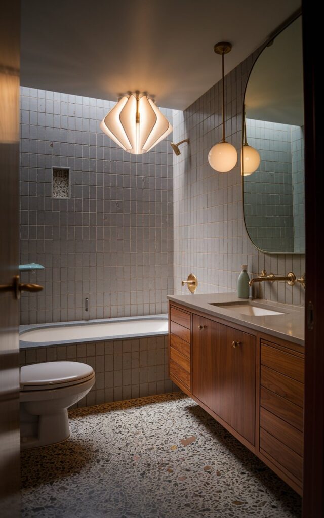A photo of a mid-century modern bathroom with clean lines, geometric forms, and warm wood tones. A sculptural pendant light hangs above a soaking tub, casting soft, moody shadows across terrazzo floors and walnut cabinetry. Retro-inspired tiles in muted tones line the walls or backsplash. Brass fixtures, a rounded mirror, and playful pops of color complete this effortlessly stylish and artistic space. The bathroom has a toilet, vanity, etc., and natural light is not present.