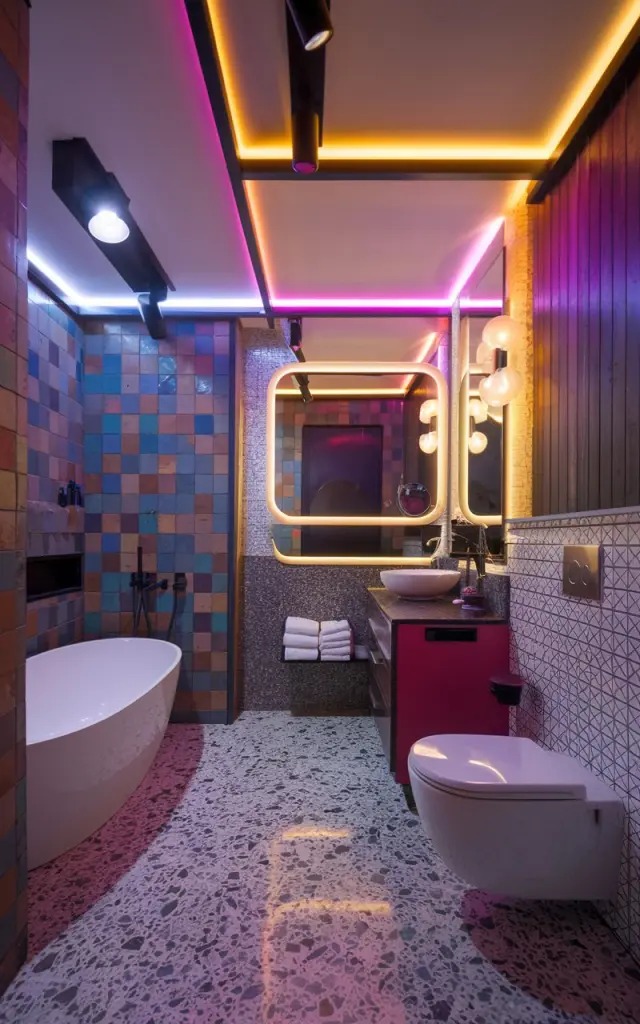 A photo of a modern eclectic bathroom with a bold personality. The room features terrazzo floors, jewel-toned tiles, and mixed-metal finishes. There's a smart lighting system with overhead lights, wall sconces, and LED strips around the mirror. The lighting shifts from crisp daylight for morning prep to moody purples or warm ambers for relaxing soaks. The bathroom contains a freestanding bathtub, a vanity with a sink, and a toilet. The walls have wooden panels and a patterned tile accent.