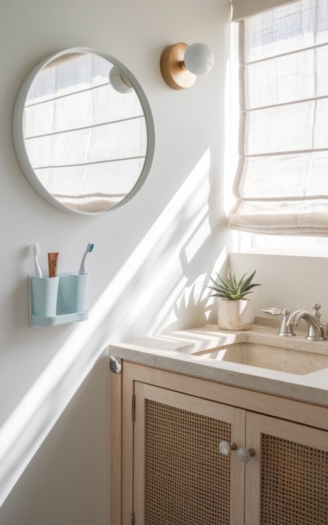 A photo of a breezy California coastal bathroom with crisp white walls, light oak accents, and touches of soft seafoam blue. There is a minimalist round mirror above the vanity. A sleek wall-mounted toothbrush station in matte white holds electric toothbrushes and a built-in tumbler. The vanity features a stone countertop with brushed nickel fixtures. There are woven textures and a tiny succulent, adding organic warmth. Sunlight filters through a sheer linen shade, casting soft shadows across the space. The vibe is fresh, uncluttered, and effortlessly relaxed.