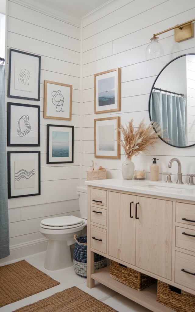 A photo of a chic bathroom with crisp white shiplap walls and a palette of soft blues, sandy beige, and warm woods. A series of gallery-style art pieces—line drawings, abstract beachscapes, or muted ocean photography—hangs along a side wall, each in matte black and golden frames. The vanity is light oak with minimalist hardware, paired with a round mirror and brushed nickel fixtures. Natural textures like woven baskets, a linen shower curtain, and a jute rug complete the relaxed yet polished coastal atmosphere.
