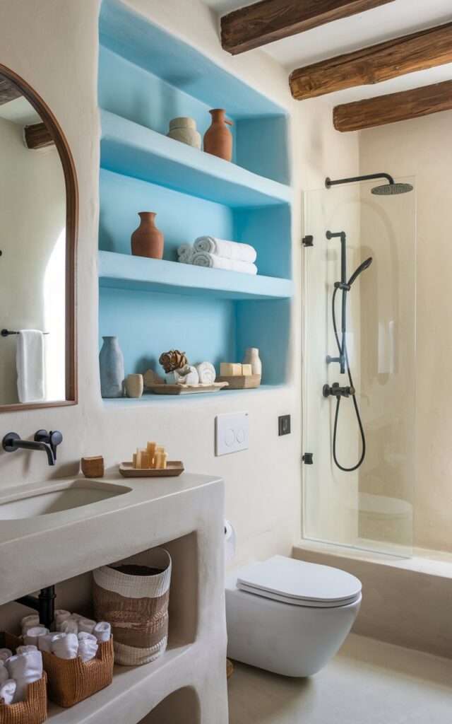 A photo of a Mediterranean-modern bathroom with open shelving lined with sky blue contact paper. There are essential items on the shelves, including decorative soaps, rolled towels, and clay vessels. The room has a vanity, a toilet, and a shower. The walls are made of crisp white plaster, and there are warm natural wood elements throughout the space. There are sleek fixtures and minimalist shapes in the bathroom.