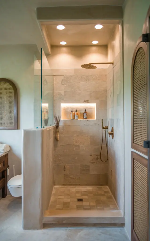 A photo of a modern boho bathroom with a walk-in shower. The shower has natural-toned zellige or handmade tiles. There are soft recessed ceiling lights in the shower. The walls of the bathroom have warm brass fixtures and woven details, adding a boho charm. The bathroom has a dry area with a vanity and a toilet. The overall space has an airy, grounded vibe, with a gentle overhead glow.
