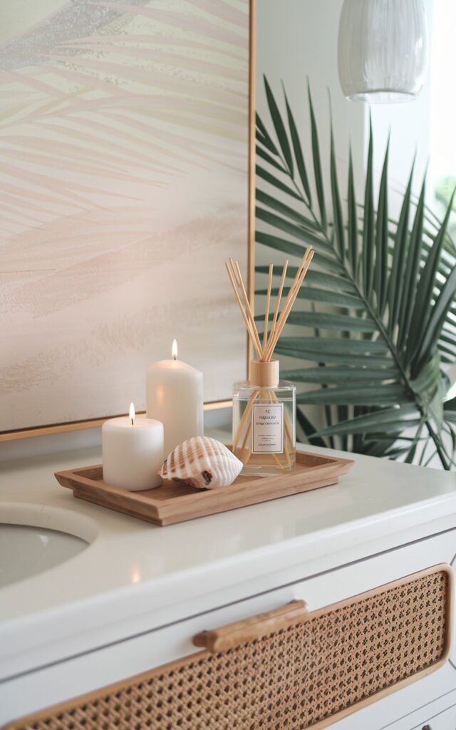 A photo of a Palm Beach-inspired white bathroom vanity with a few white candles, a scent diffuser, and a seashell arranged on a wooden tray. The vanity has a rattan touch and is placed near a pale coastal artwork and tropical greenery. The overall mood is fresh, tranquil, and effortlessly upscale, like a private retreat by the sea. The natural light is soft and ambient.