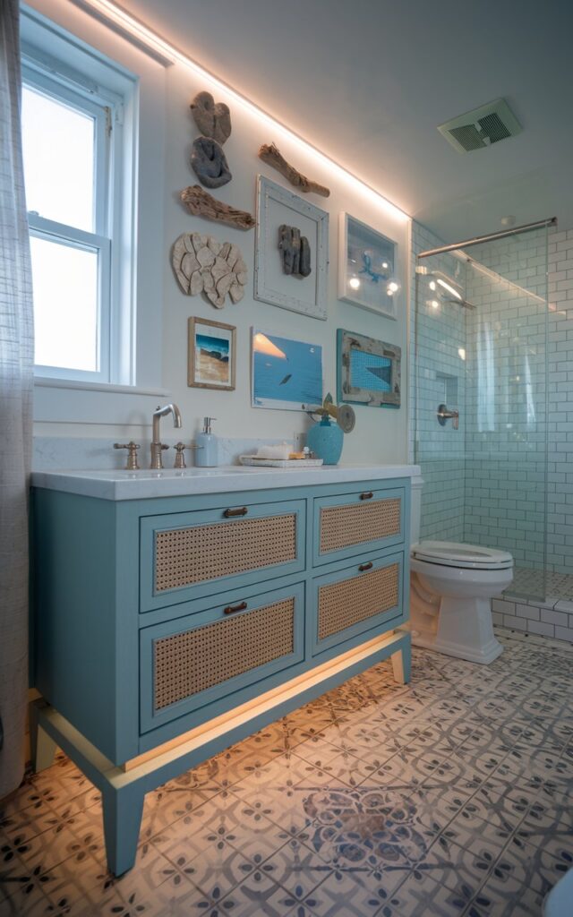 A photo of a coastal bathroom with a painted wood vanity and rattan drawer fronts. The vanity is placed near a window with a curtain. Above the vanity, there is a gallery wall with ocean-inspired art, driftwood accents, and vintage frames. The floor is tiled in patterned encaustic tiles. The bathroom also contains a toilet and a shower area. The space is lit by dimmable LED strip lights and under-vanity lighting.