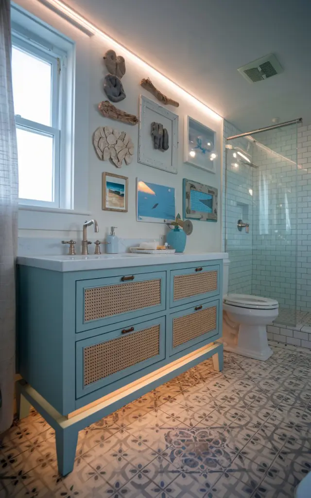 A photo of a coastal bathroom with a painted wood vanity and rattan drawer fronts. The vanity is placed near a window with a curtain. Above the vanity, there is a gallery wall with ocean-inspired art, driftwood accents, and vintage frames. The floor is tiled in patterned encaustic tiles. The bathroom also contains a toilet and a shower area. The space is lit by dimmable LED strip lights and under-vanity lighting.