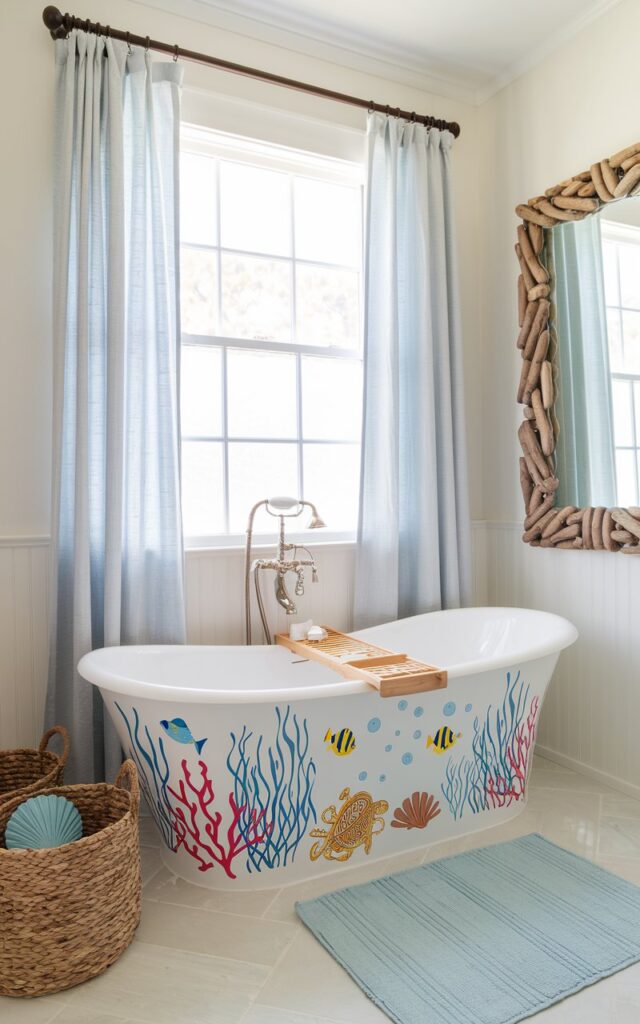 A photo of a bright California coastal kids' bathroom with airy white walls and natural light flooding through a large curtained window. The base of the freestanding tub is wrapped in colorful peel-and-stick decals depicting playful underwater scenes—vibrant fish, swaying kelp, and cheerful sea turtles—that instantly bring the ocean inside. The space features light wood accents, a driftwood-framed mirror, and woven seagrass baskets. Soft blue and sandy beige tones echo the beachy vibe, while seashell-shaped soap dishes and a coral-patterned shower curtain complete the breezy, fun-filled look perfect for kids.