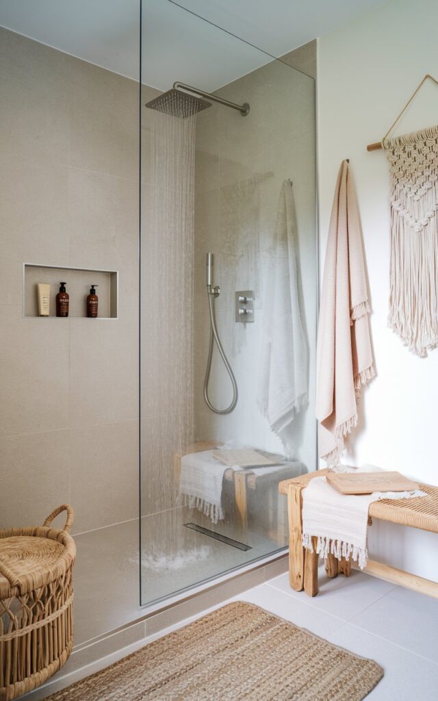 A photo of a bright, airy Scandi + Boho bathroom with light neutral walls, matte ceramic tiles, and natural wood accents. A minimalist rain-style shower head in brushed nickel is mounted overhead in a frameless glass shower. The shower space includes a subtle built-in niche with organic soaps and oils. Outside the shower area, there's a woven jute rug and fringed towels. Rattan baskets, a wooden bench, and a macramé wall hanging add warm, bohemian charm to this relaxing and functional shower sanctuary. The photo shows a close view of the shower head with water splashing.
